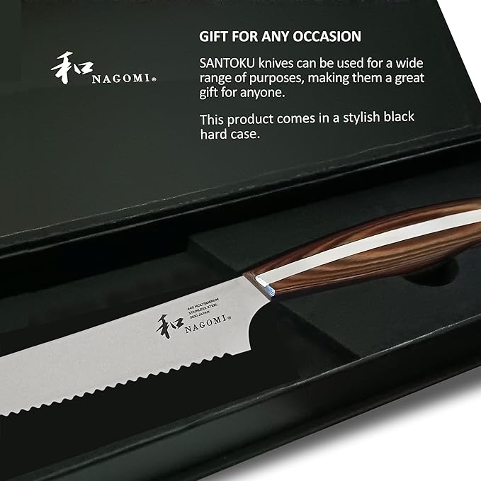 NAGOMI] 8 inch Serrated Bread Knife, Stainless Steel HRC58 Ultra-sharp Serrated Blade Bread Knife For Homemade Bread | Black Stylish Gift Box