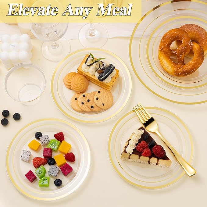 200PCS Clear Gold Plastic Plates Set, 100 10.25 inch Dinner Plates and 100 7.5 inch Dessert Plates, Disposable Plates for Party, Wedding
