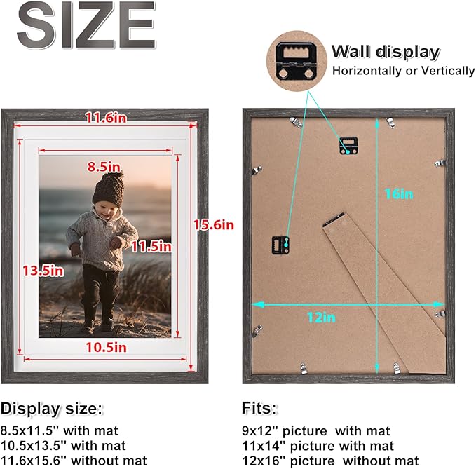 KINLINK 12x16 Picture Frame Ash Black, Solid Wood Frames with Acrylic Plexiglass for Pictures 11x14/9x12 with Mat or 12x16 without Mat,Wall Display, Set of 4