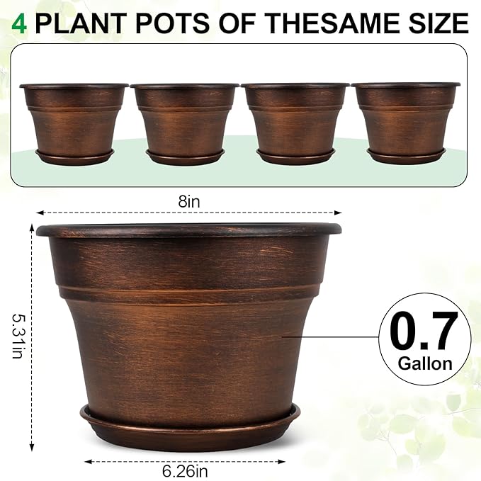 Plant Planters Pots Set of 4 Pack 8 Inch, Plastic Flower Pot for Indoor Plants with Drainage Holes & Trays, Resin Decorative Container Sets with Saucer for House Outdoor Garden Planters Copper