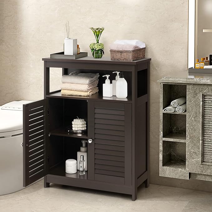 COSTWAY Bathroom Storage Cabinet, Wooden Side Storage Organizer with Louver Doors & Removable Shelf, Freestanding Floor Cabinet for Living Room, Kitchen, Entryway (Brown)