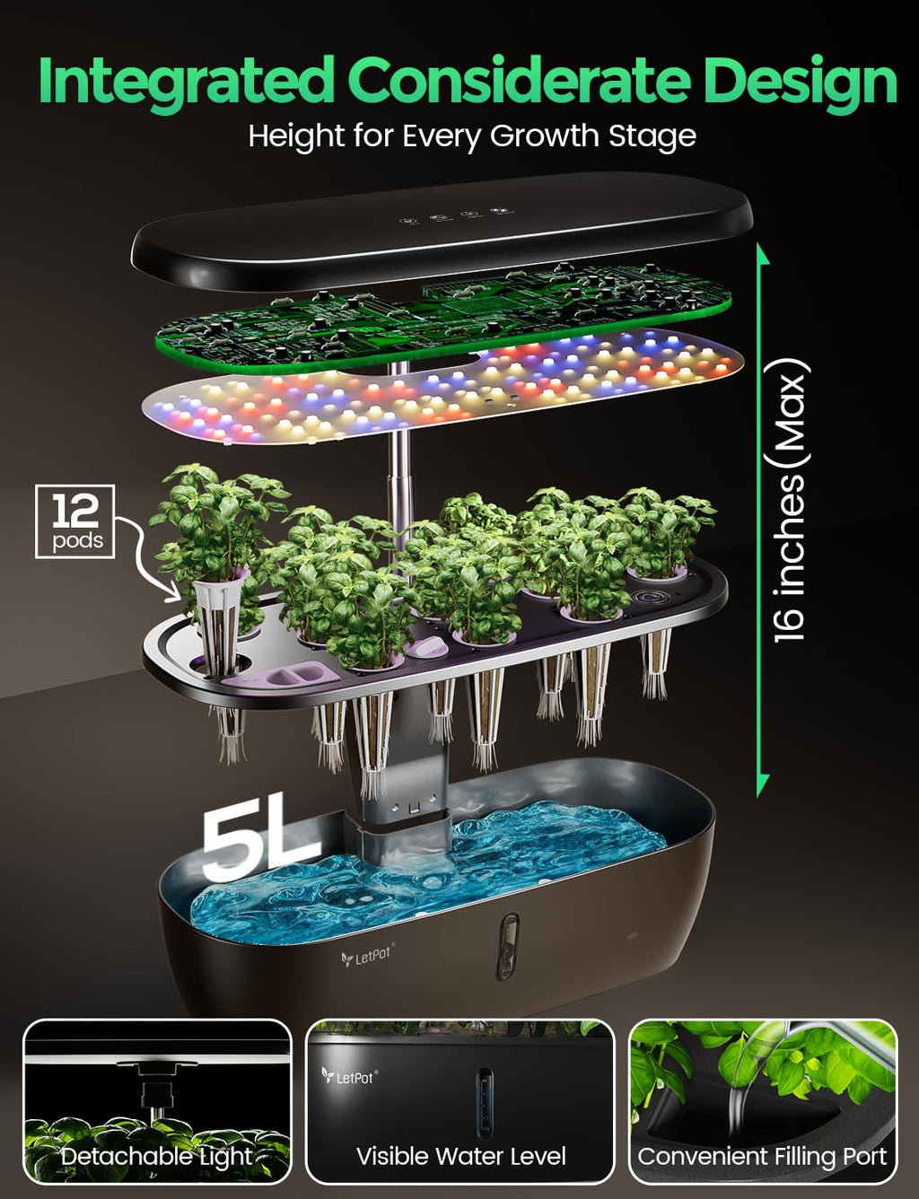 LETPOT Hydroponics Growing System, 12 Pods Indoor Herb Garden Kit with 24W LED Grow Light, 5.5L Water Tank & 16" Adjustable Height, Smart Indoor Gardening System for Kitchen, Home & Gift