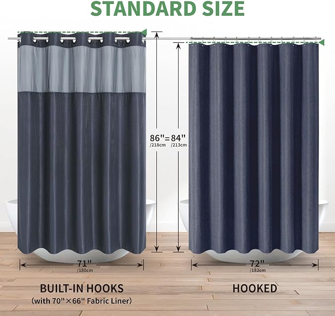 Extra Long No Hook Shower Curtain with Snap-in Fabric Liner Set,Navy Waffle Weave Shower Curtains for Bathroom,Hotel Luxury Decor Bathroom Curtain Set,Waterproof & Washable,71Wx86H