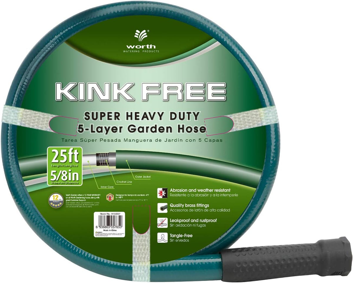 Worth Lead-in Green Garden Hose 5/8 in. x 25 ft. -Kink Free, No Leaking, Male/Female Fittings -Heavy Duty Durable Flexible Lightweight Water Pipe -Brass Aluminum Ends for Household & Yard Use