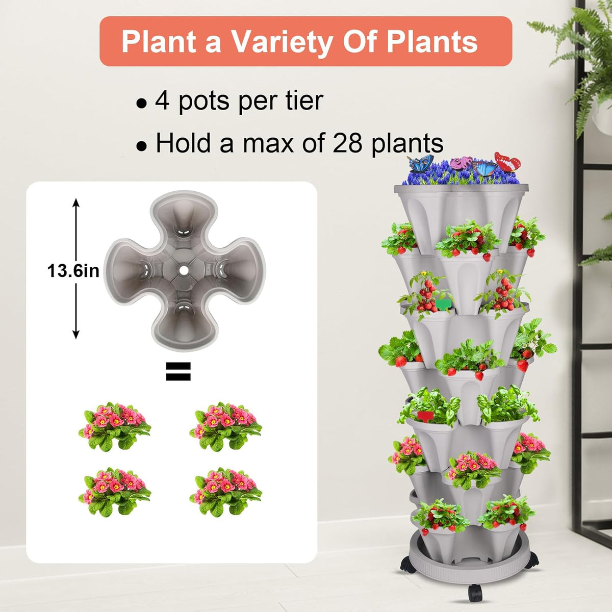 Vertical Planter, 7 Tier Stackable Strawberry Planter with Garden Tool Set, Movable Indoor/Outdoor Garden Herb Pot for Growing Vegetables and Succulents, Gray