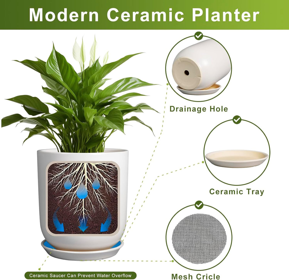 Plant Pot 12 inch - Ceramic Pot for Plants Indoor Outdoor Large Planter Pot with Drainage Hole and Saucer Mid-Century Modern Flower Pot Cylinder White