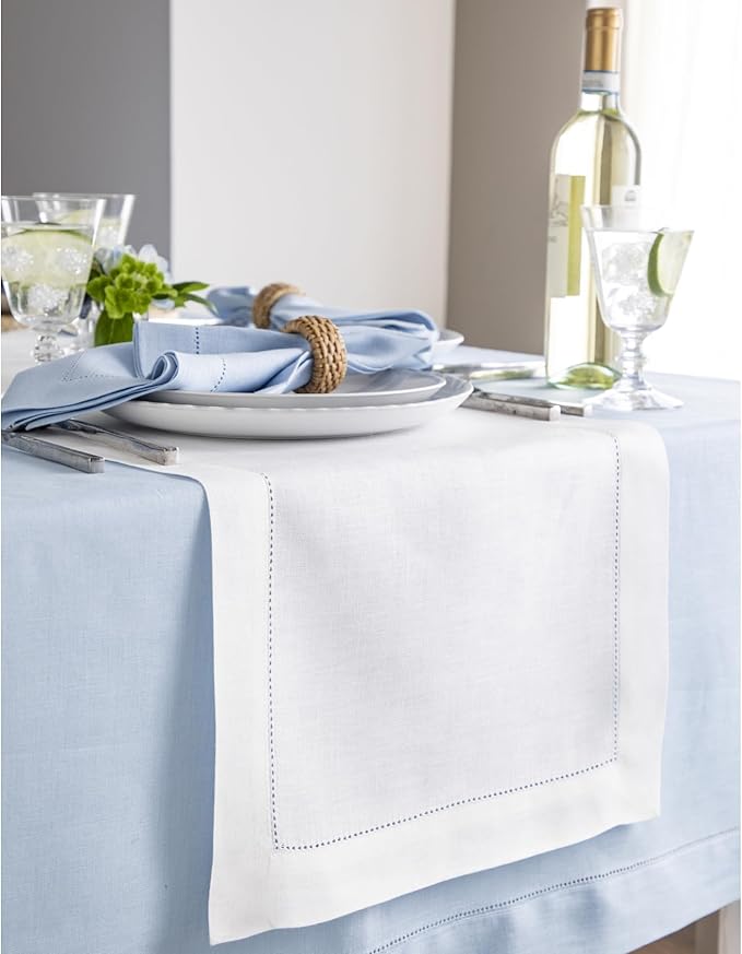Solino Home Linen White Table Runner 156 Inches Long - 100% Pure Linen Extra Long Table Runner 14 x 156 Inch for Fall, Autumn, Halloween, Thanksgiving, Christmas, Holiday - Classic Hemstitch