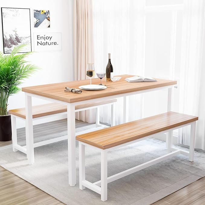 Recaceik Dining Table Set for 4 Kitchen Dining Room Set with 2 Dinner Benches, Farmhouse Breakfast Table for Apartment Small Space, Easy Assembly
