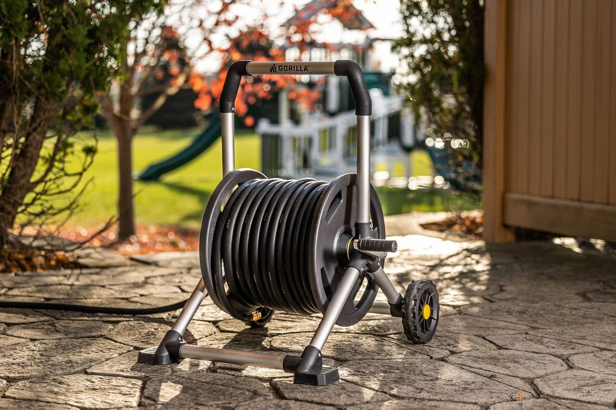 Gorilla GRS-200H Aluminum Garden Hose Reel, 200 Ft, No-Leak Brass Fittings