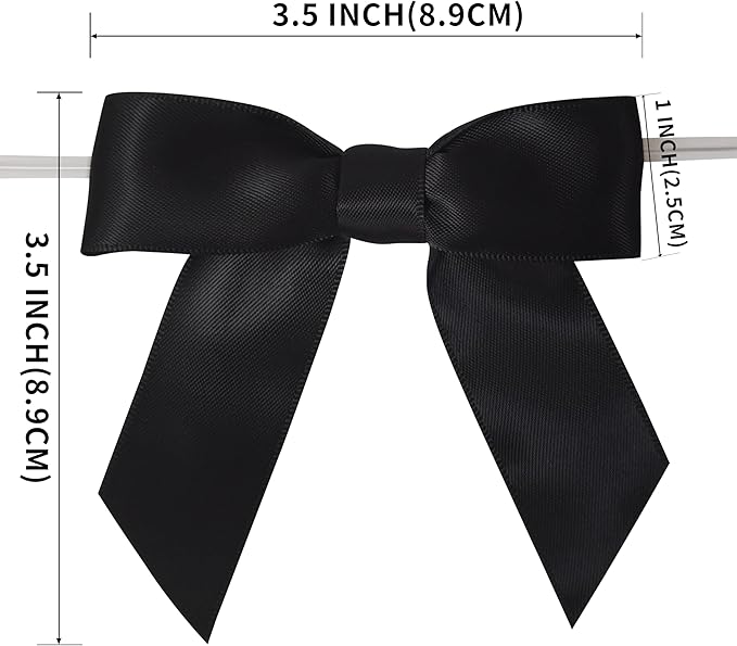 50pcs 3-1/2" Black Satin Ribbon Bows with Twist Ties Giant Bows for Fathers' Day 7th of July Gift Packing&Wrapping (Black)