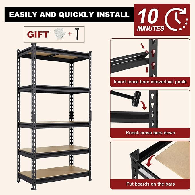 BIG RED 5 Tier Heavy Duty Garage Storage Shelving: Adjustable Metal Utility Shelving Rack for Garage, Basement, Pantry, Closet - 2,000lb Capacity (72"x36"x18") Black