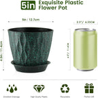 5 inch Plant Pots for Indoor Outdoor Plants, 6 Pack Thick Nursery Pots with Drainage Holes and Saucers, 3D Modern Wave Texture Small Plastic Planter Flower Pots, Black with Green Speckles