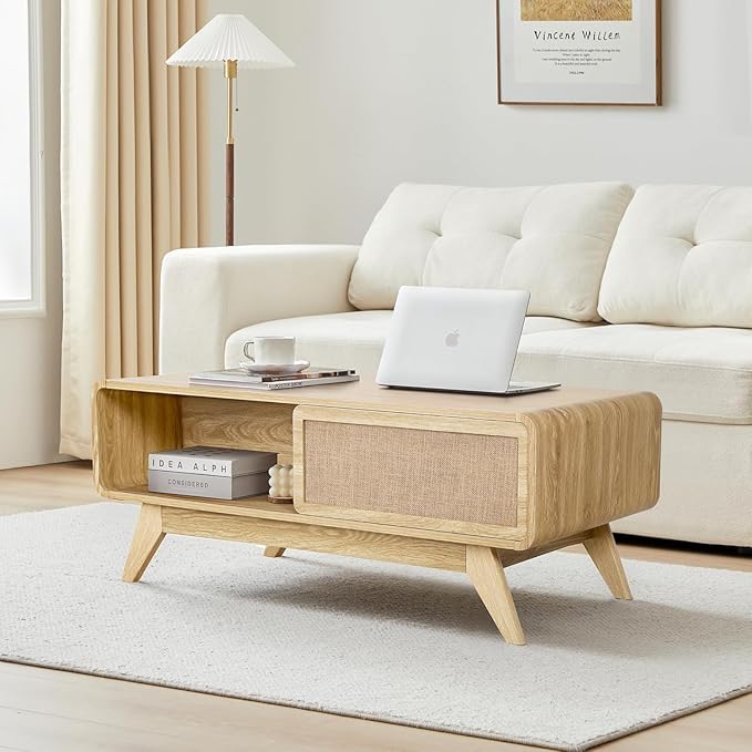 AVZEAR Boho Modern Coffee Table with Storage for Living Room, Wood Coffee Table with Nature Linen Doors, Curved Edge Center Table Farmhouse Coffee Tables for Living Room, Natural Color