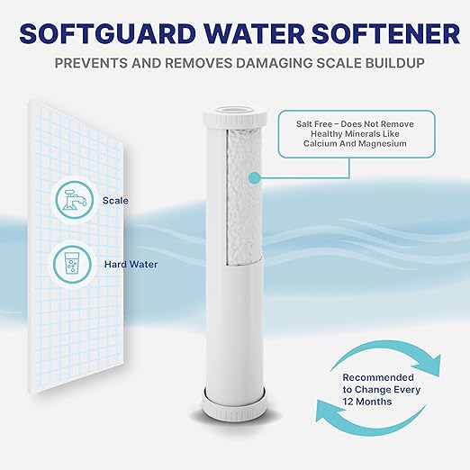 NU Aqua 4 Stage Salt Free Water Softener Whole House Water Filter System with Total Filtration - Includes Sediment, Heavy Metal KDF GAC, SoftGuard, Carbon Block Filters