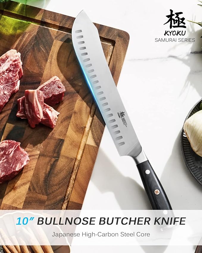 KYOKU 10" Bullnose Butcher Knife, Samurai Series Butcher Knife for Meat Cutting Chopping with Pakkawood Handle, Japanese High Carbon Steel Kitchen Knife for Professional Chef & Cook with Sheath & Case