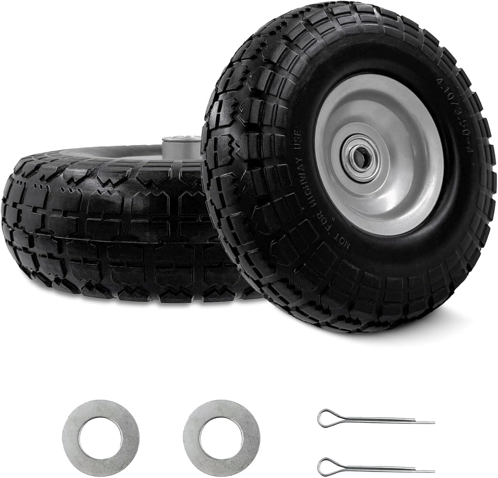 10-Inch 4.10/3.50-4 Tire and Wheel Flat Free, Heavy Duty Solid Replacement Tire with 5/8" Bearings, for Wheelbarrows Hand Trucks Dollies Trolleys Generators, (2-Pack) (Gray)