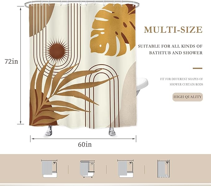 Glawry Boho Mid Century Shower Curtain Yellow Brown Abstract Tropical Palm Leaves Sun Bathroom Minimalist Geometric Arch Retro Plant 60Wx72L Inches Bath Accessories Art Home Decor Fabric 12 Pack Hooks