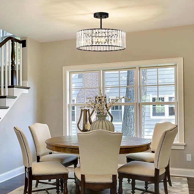 Crystal Black Ceiling Light, Modern Semi Flush Mount Ceiling Lighting Fixture, Round Hallway Lighting Fixtures Chandelier for Kitchen Entryway Bedroom Dining Room, 3-Light, 15.7 Inch