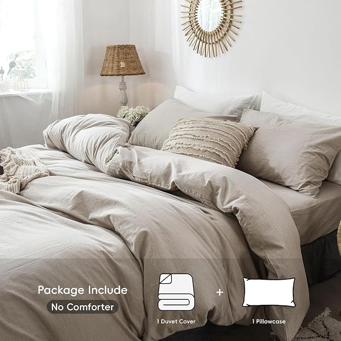 MooMee Bedding Duvet Cover Set 100% Washed Cotton Linen Like Textured Breathable Durable Soft Comfy (Heathered Tannish Linen Grey, Twin 68"x90")
