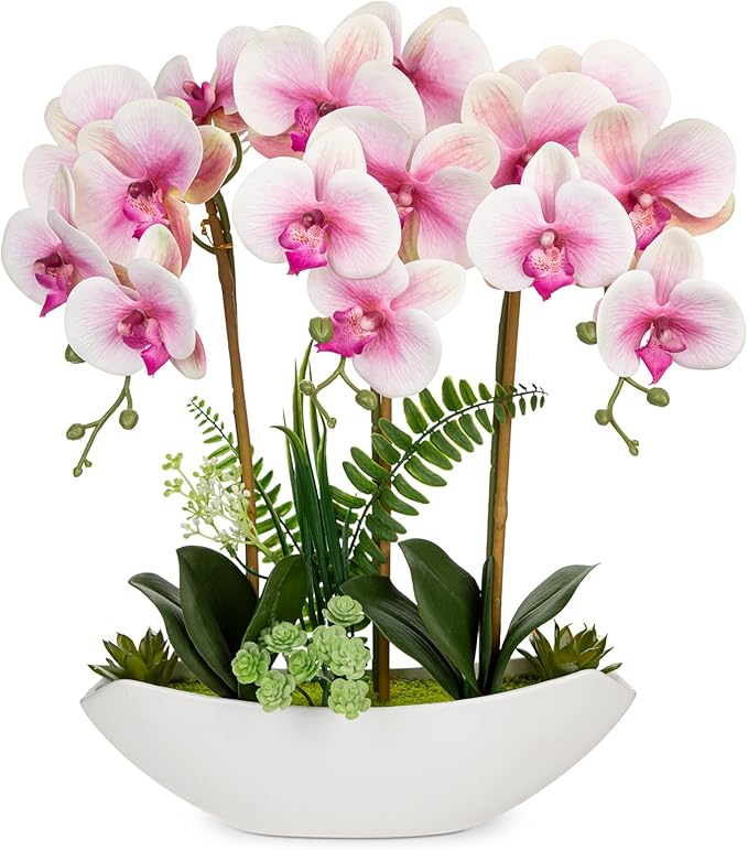 Briful Pink Orchid Artificial Flowers 18in Fake Orchid Silk Flowers with Ceramic Pot Faux Orchid Arrangement for Home Office Room Table Shelf Modern Decoration