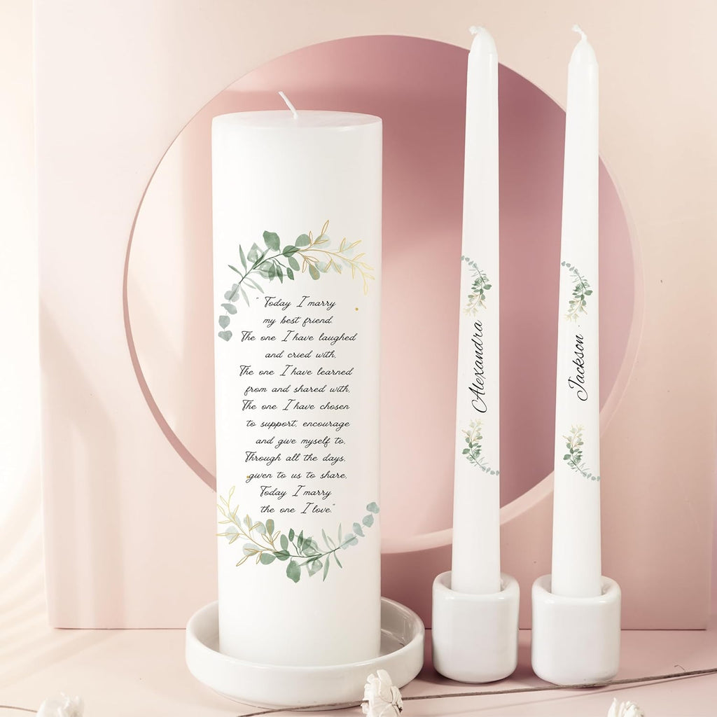 Unity Candles for Wedding, Modern Unity Set, Custom and Personalized Taper Candles with Bible Quote, Unscented White Premium Wax, Religious and Wedding Ceremony, Special Events (Custom Names)