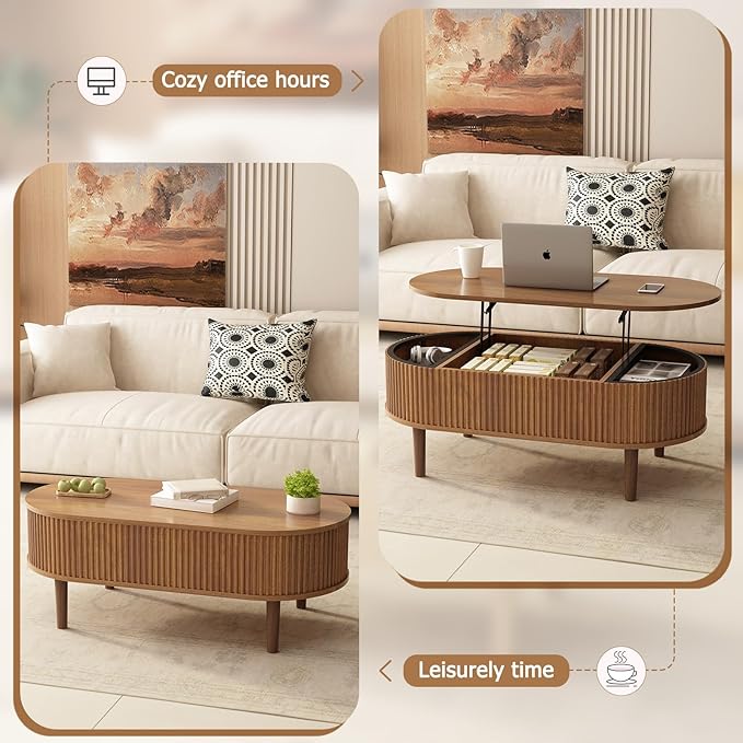 Ludatido 39 Inch Lift Top Coffee Table with 3 Storage for Living Room, Oval Coffee Table with Hidden Compartment, Fully Wooden Center Easy to Assembled for Home Living Room Office Brown