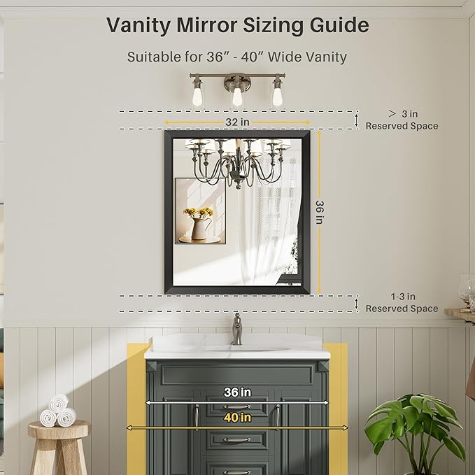 36x32 Inch Black Bathroom Mirror for Wall, Thick Metal Framed Rectangle Mirrors for Over Sink, Bedroom, Living Room, Entryway, Anti-Rust, HD Tempered Glass