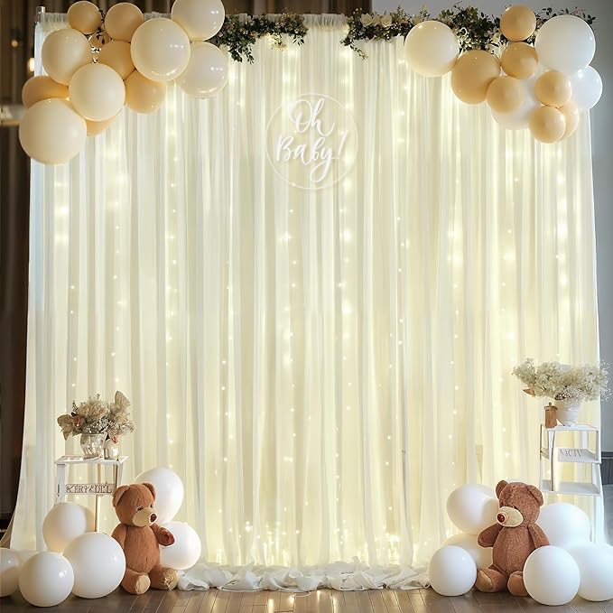 10ft x 10ft Ivory Backdrop Curtain with Lights for Baby Shower, Sheer Backdrop Curtains with Lights for Wedding, Chiffon Light Curtain Backdrops for Birthday Parties Photo Shoot (5x10ft,2 Panels)