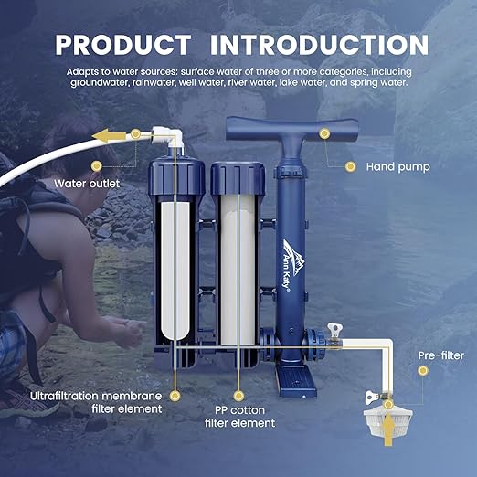 Pro Emergency Water Purification System for Survival,Portable Hand Pump Camping Water Filter,Emergency Portable Filtration for Hiking, Camping,3-Stage Water Filtration System for Family