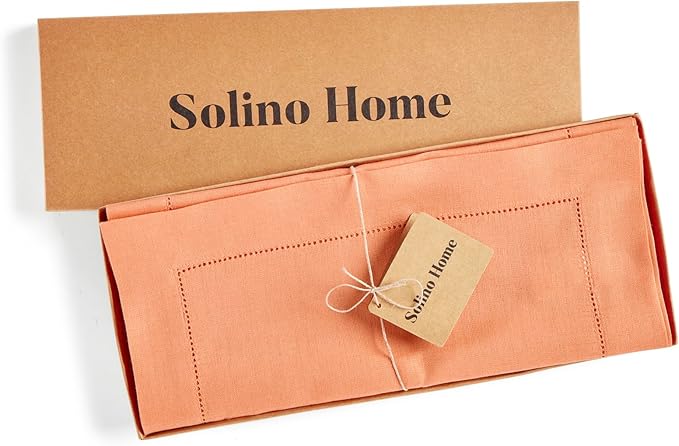 Solino Home Linen Table Runner 90 Inches Long - 100% Pure Linen Coral Table Runner 14 x 90 Inch - Classic Hemstitch