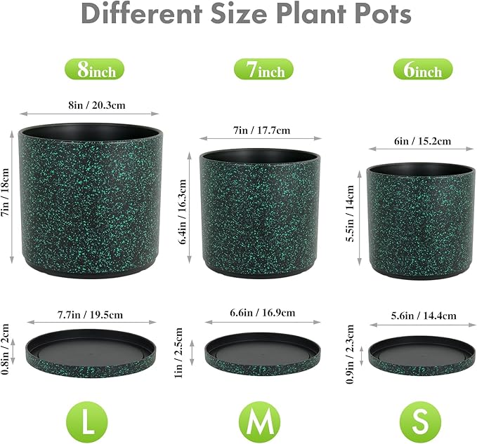 8/7/6 inch Plant Pots, 3 Pack Cylindrical Flower Pots for Outdoor Indoor Plants, Decorative Plastic Planters with Drainage Holes and Saucers for Garden House Plants, Black with Green Speckles