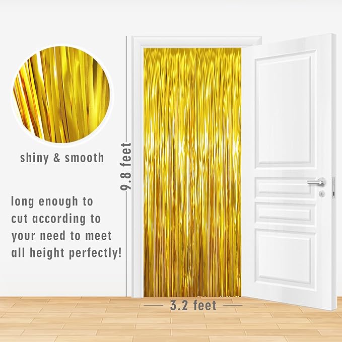 GOER 3.2 ft x 9.8 ft Metallic Tinsel Foil Fringe Curtains Party Photo Backdrop Party Streamers for Birthday,Graduation,New Year Eve Decorations Wedding Decor (Gold,3 pcs)