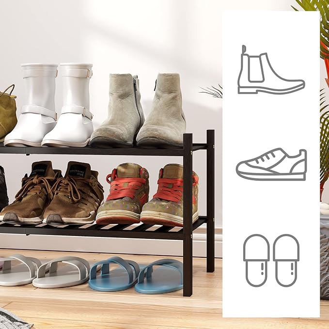 2-Tier Black Bamboo Shoe Rack for Entryway, Stackable | Foldable | Natural, Shoe Shelf Storage Organizer for Hallway Closet, Free Standing Shoe Racks for Indoor Outdoor