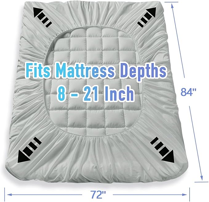 MATBEBY Bedding Quilted Fitted California King Mattress Pad Cooling Breathable Fluffy Soft Mattress Pad Stretches up to 21 Inch Deep, Cal King Size, Light Grey, Mattress Topper Mattress Protector