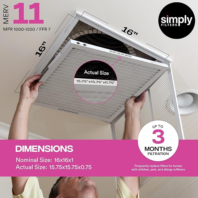 Simply 16x16x1 Air Filter, Merv 11, 12 Pack, For Home AC Furnace & HVAC (Actual Size: 15.75"x15.75"x0.75") DUST, Pet, & Allergy Control