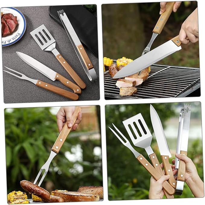 Grill Tools Set Stainless Steel, Grill Utensils Set with Wood Handles, Barbecue Tools Set for Outdoor, Ideal Grill Kit for Cooking. (5A)