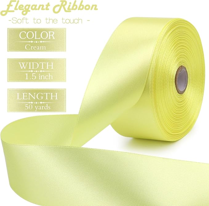 Cream Solid Satin Ribbon 1-1/2 Inch 50 Yards Solid Polyester Fabric Ribbon for Gift Wrapping Wedding Christmas Baby Shower Birthday Party Decoration Handmade Immortal Flower Craft