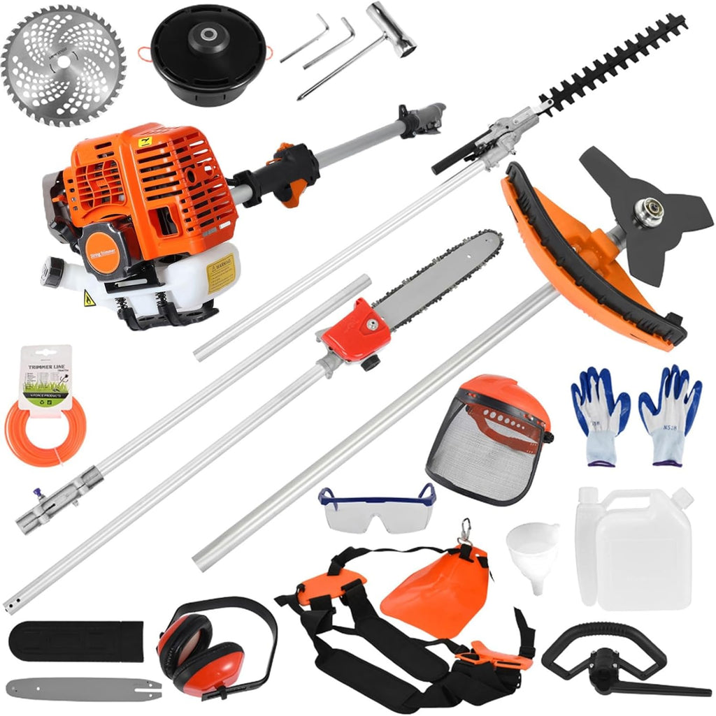 52cc 2 Stroke Gas Weed Wacker, Multi-Functional Gas Powered Brush Cutter, 5 in 1 Tool Weed Wackers, Cordless Hedge Trimmer, Gas Weed Wacker Yard Care Tools, Lightweight Weed Eater Orange