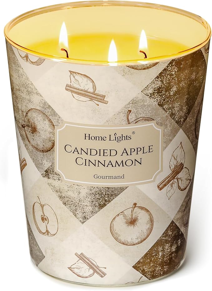 HomeLights 3-Wick Candles for Home Scented - 34oz Soy Wax Blend Candle Long-Lasting Fragrance, Rustic Modern Home Decor and Housewarming Gifts, Candied Apple Cinnamon