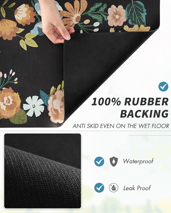 AMOAMI Coffee Mat Hide Stain Rubber Backed Absorbent Dish Drying Mat for Kitchen Counter - Bar Accessories Fit Under Coffee Maker, Espresso Machine, Dish Rack - Floral Black 12x19