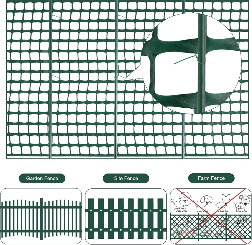 Plastic Garden Fencing Roll Safety Construction Barrier Outdoor Snow Mesh Fence Garden Netting, 1.2 Inch Mesh, Coated Iron Wire Support Stakes, Cable Ties for Garden (Green,2 x 100 Feet)