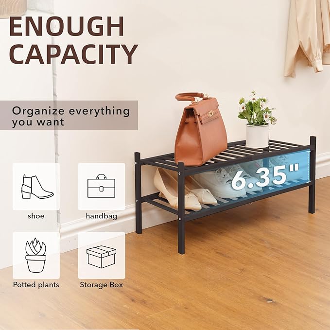 2 Tier Bamboo Shoe Rack Storage Organizer for Closet, Multifunctional Stackable Free Standing Shoe Shelf Organizer for Small Space,Entryway, Hallway, Bathroom27 x11 x13 (Brown, 2 Tier)