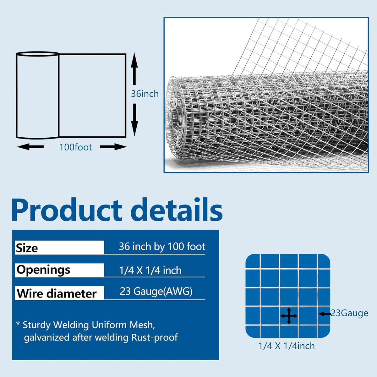 Hardware Cloth 1/4 inch Chicken Wire Fencing Double Hot-Dipped Galvanized After Welding Wire Fence，Duty Rust Proof Fencing for Gardens, Poultry Animal Netting Cage Screen (1/4inch 36in x 100ft)