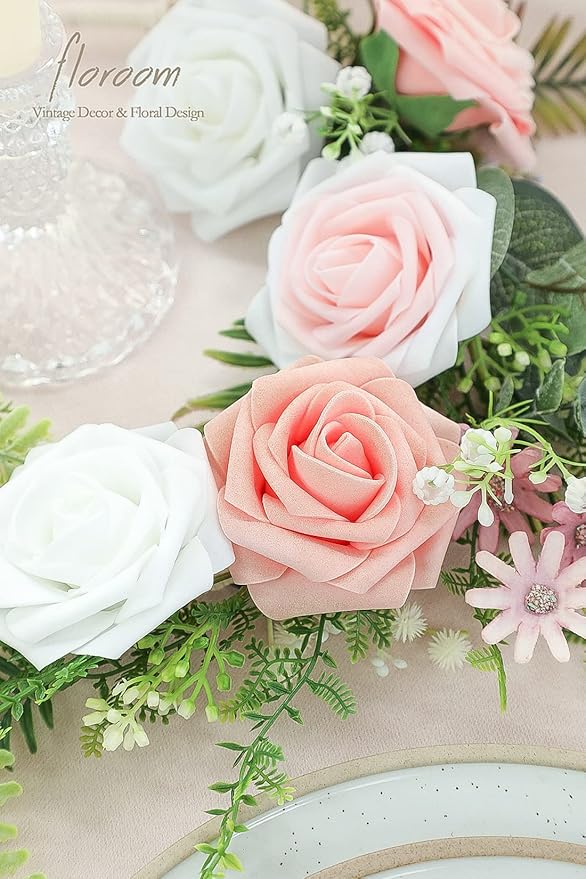 Floroom Artificial Flowers 25pcs Real Looking Blush Ombre Colors Foam Fake Roses with Stems for DIY Wedding Bouquets Bridal Shower Pink Centerpieces Floral Arrangements Party Tables Home Decorations