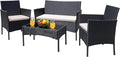 Greesum Patio Furniture 4 Pieces Conversation Sets Outdoor Wicker Rattan Chairs Garden Backyard Balcony Porch Poolside loveseat with Cushion and Glass Table, Black and Beige