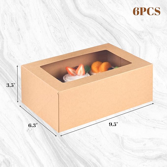 HANSGO 6 PCS Cupcake Boxes, 9.5x6.3x3.5 Inch Cupcake Containers Brown Pastry Boxes with Inserts 6 Holders for Muffins Pastry Strawberry, Party Supplies