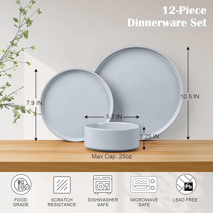E-far Stoneware Dinnerware Sets, 12-Piece Plates and Bowls Dish Set for 4, Kitchen Modern Dinning Ware, Chip and Scratch Resistant, Microwave & Dishwasher Safe, Speckled Gray