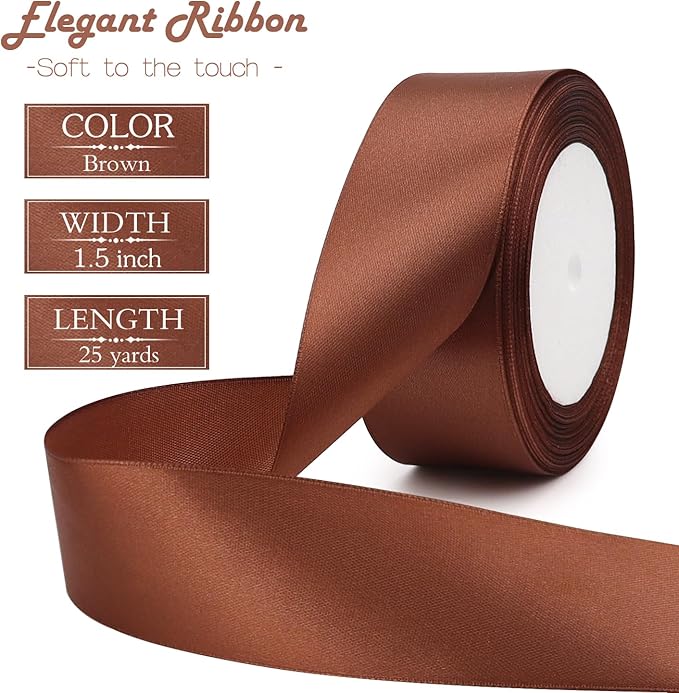 Brown Solid Satin Ribbon 1-1/2 Inch 25 Yards Solid Polyester Fabric Ribbon for Gift Wrapping Wedding Christmas Baby Shower Birthday Party Decoration Handmade Immortal Flower Craft