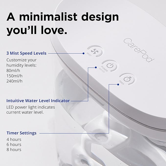 Carepod Mini 21P Ultrasonic Cool Mist Humidifier for Bedroom, Quiet & Safe for Baby, Transparent, Only 3 Washable Parts & Easy to Clean, Filter-Free, Automatic Shut-off, Lasts 20Hrs (0.74Gal/2.8L)