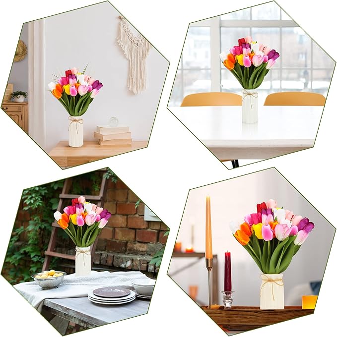 27pcs Colorful Artificial Flowers Tulips, Tulips with 1pc Plastic Vase, Fake Flowers Real Touch Flower 13.9", Christmas, Mother's Day, Easter, Valentine's Day, Family Kitchen, Wedding Decorations
